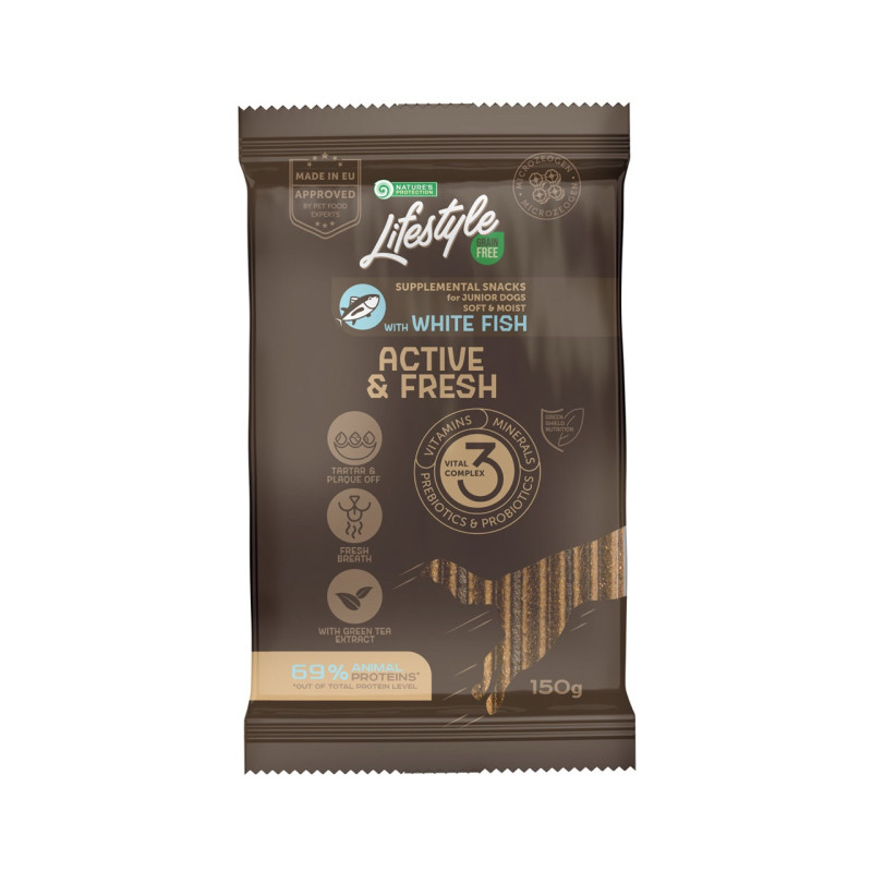 Nature's Protection Lifestyle Grain Free White fish Active & Fresh лакомство для активных щенят с белой рыбой, 150 гр