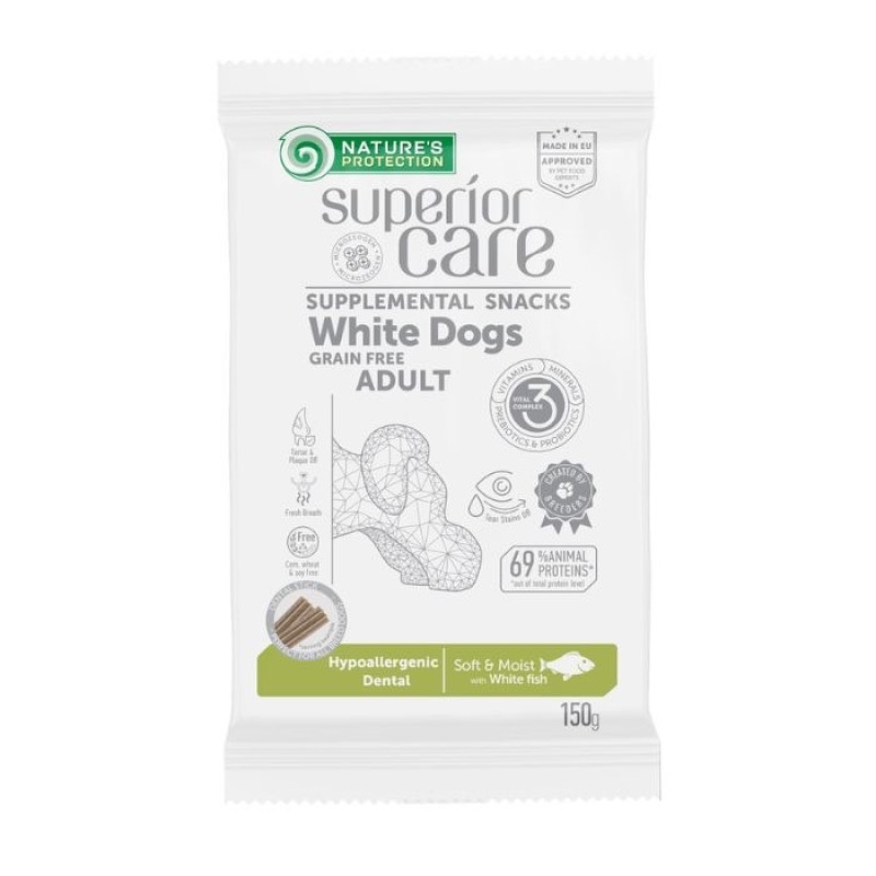 Nature's Protection Superior Care White Dogs Hypoallergenic & Dental Care лакомство для собак с белой шерстью с белой рыбой, 150 гр