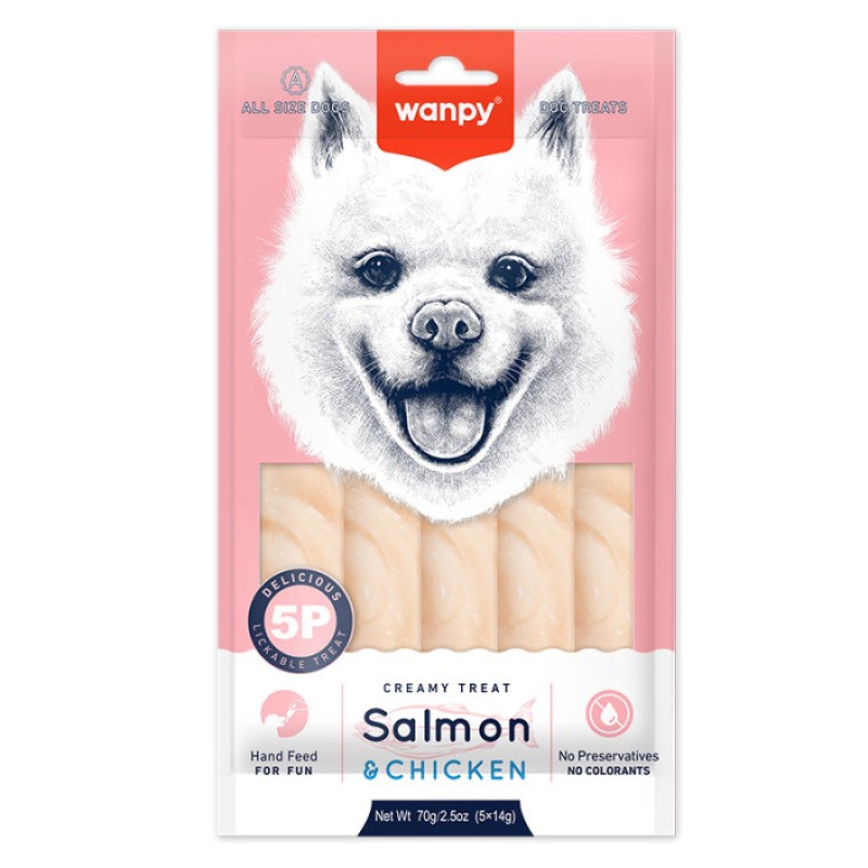 Wanpy Creamy Lickable Treat Salmon&Chicken жидкое лакомство для собак с курицей и лососем, 5 шт х 14 гр