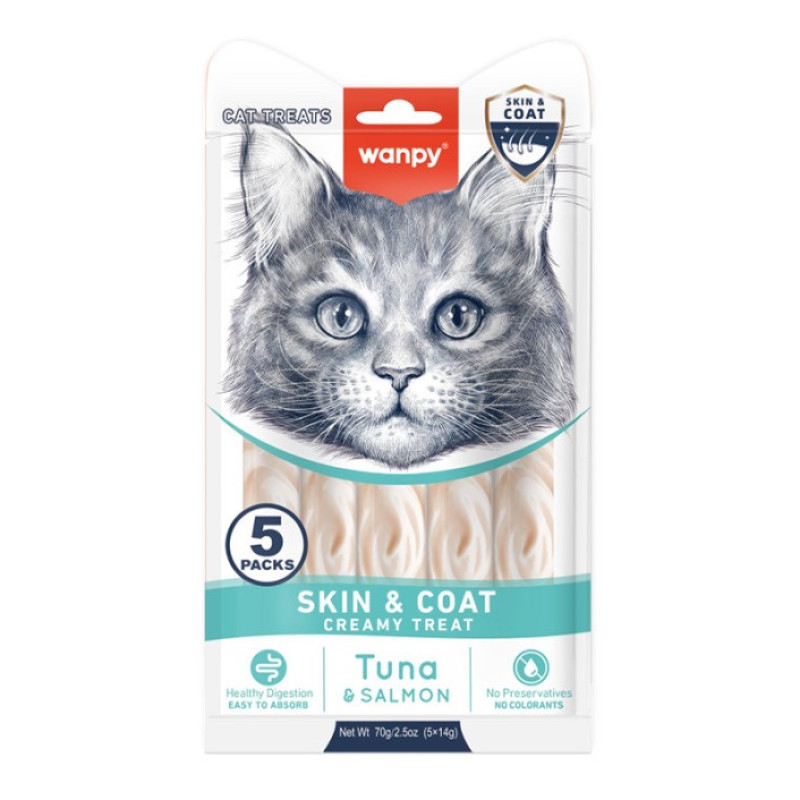 Wanpy Functional Creamy Lickable Treat Skin&Coat рідкі ласощі для котів для шерсті та шкіри, 5 шт х 14 гр
