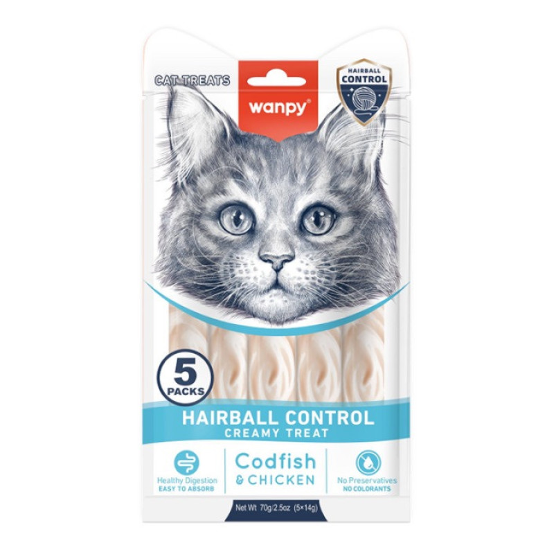 Wanpy Functional Creamy Lickable Treat Hairball Control жидкое лакомство для котов для вывода шерсти, 5 шт х 14 гр