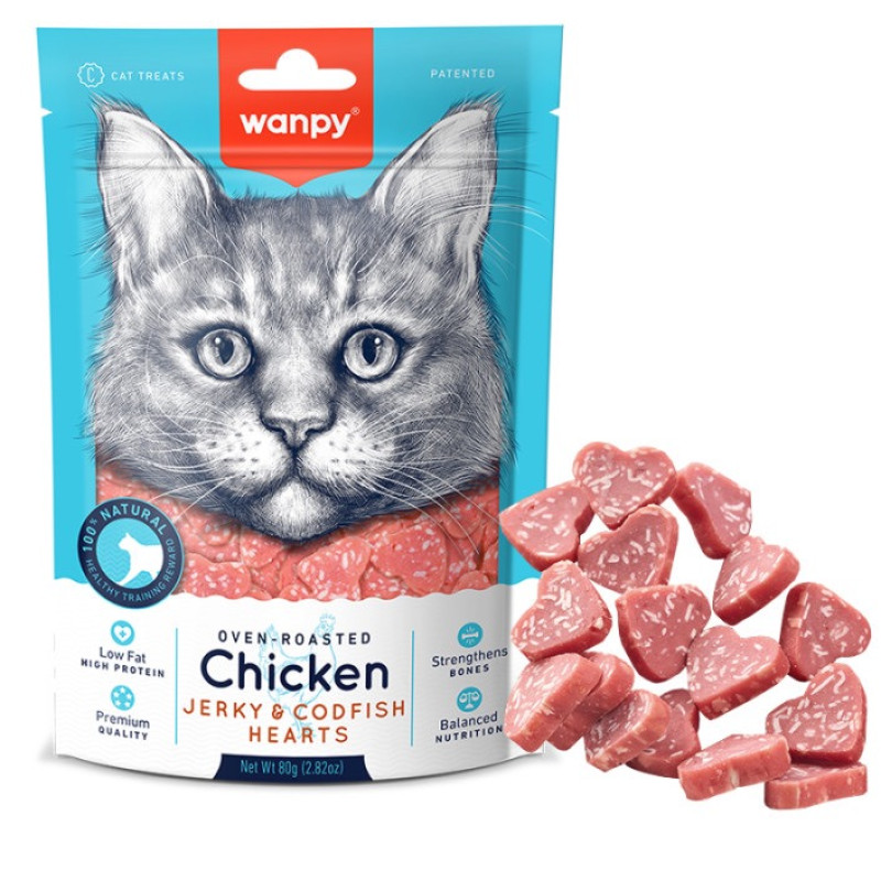 Wanpy Chicken Jerky & Codfish Hearts лакомство для котов с курицей и треской, 80 гр