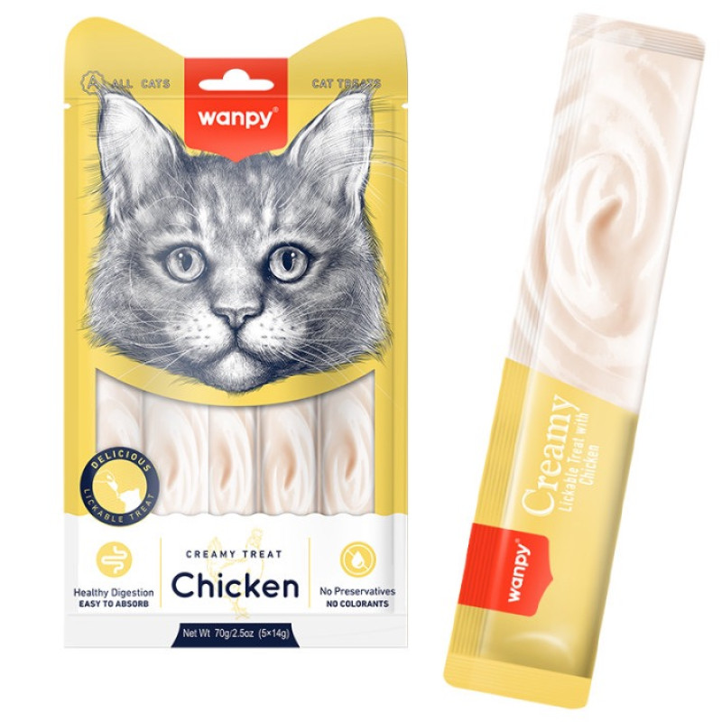 Wanpy Creamy Lickable Treats Chicken жидкое лакомство для кошек с курицей, 5 шт х 14 гр