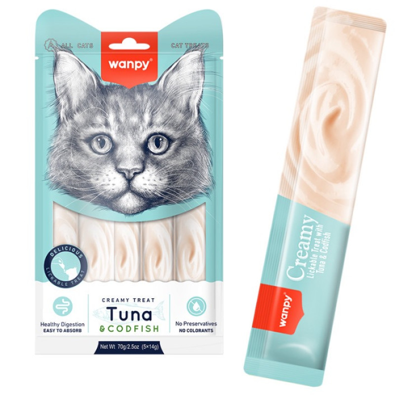 Wanpy Creamy Lickable Treats Tuna & Codfish рідкі ласощі для котів з тунцем і тріскою, 5 шт х 14 гр