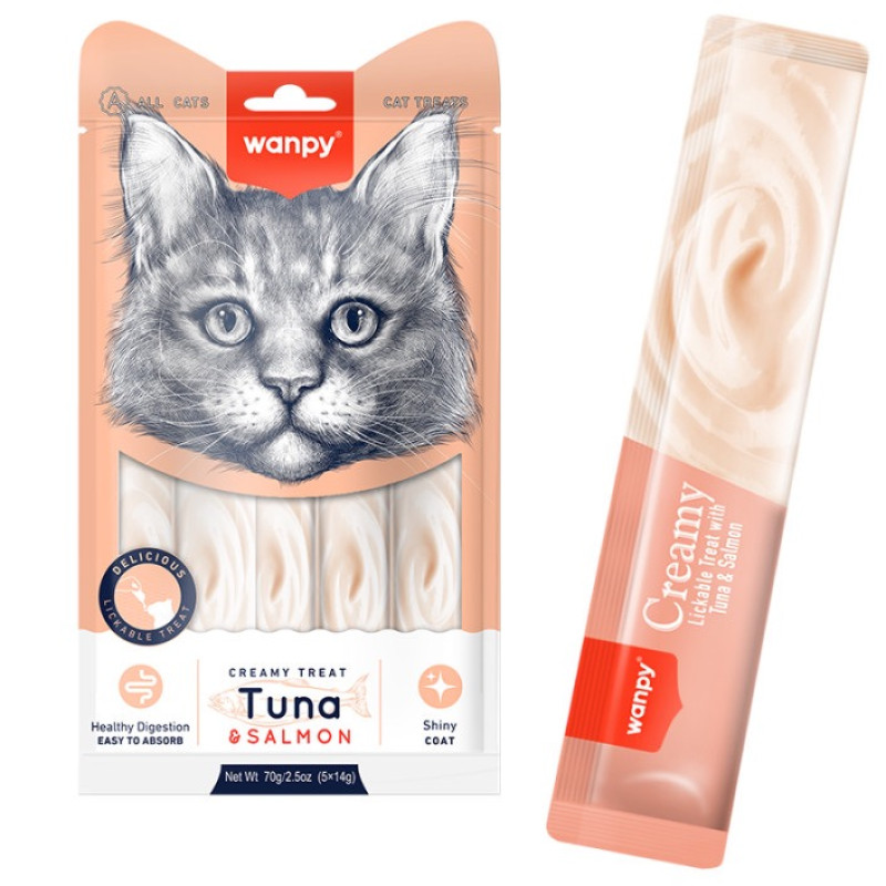 Wanpy Creamy Lickable Treats Tuna & Salmon рідкі ласощі для котів з тунцем та лососем, 5 шт х 14 гр