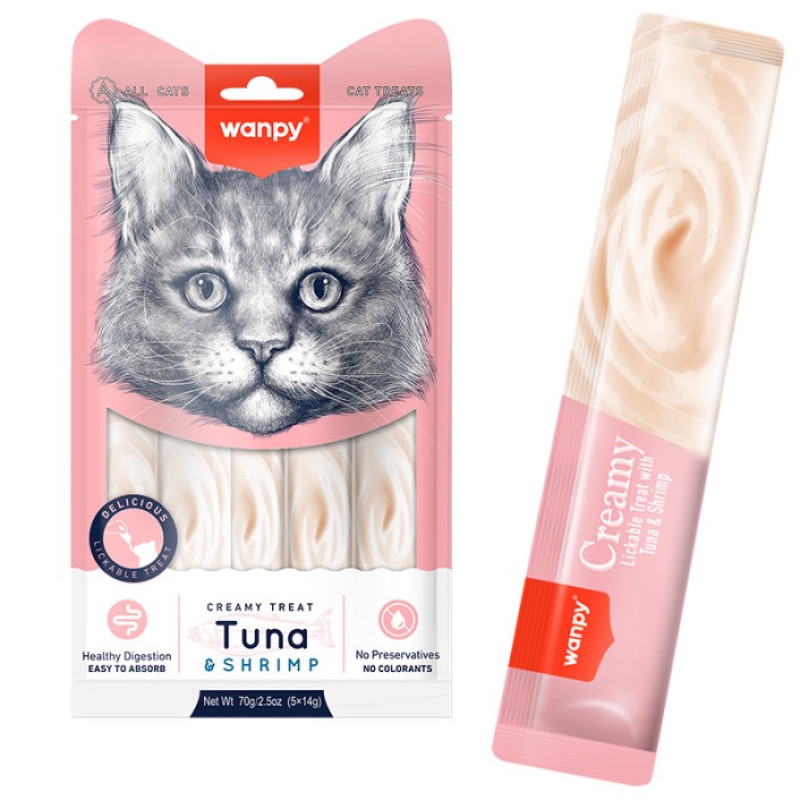 Wanpy Creamy Lickable Treats Tuna & Shrimp жидкое лакомство для кошек с тунцом и креветками, 5 шт х 14 гр