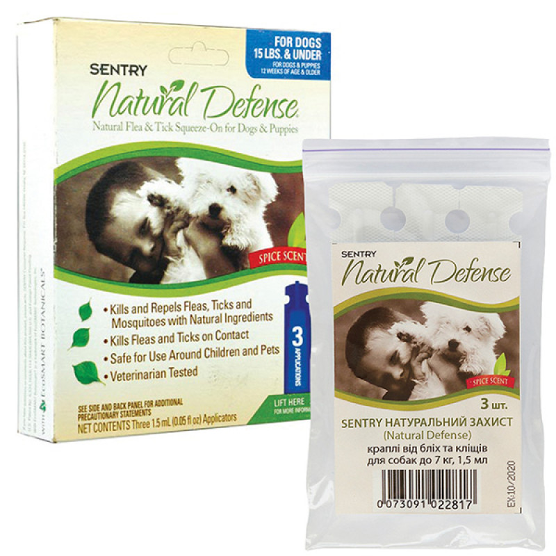Sentry Natural Defense капли от комаров, блох и клещей для собак весом до 7 кг, 3 шт.
