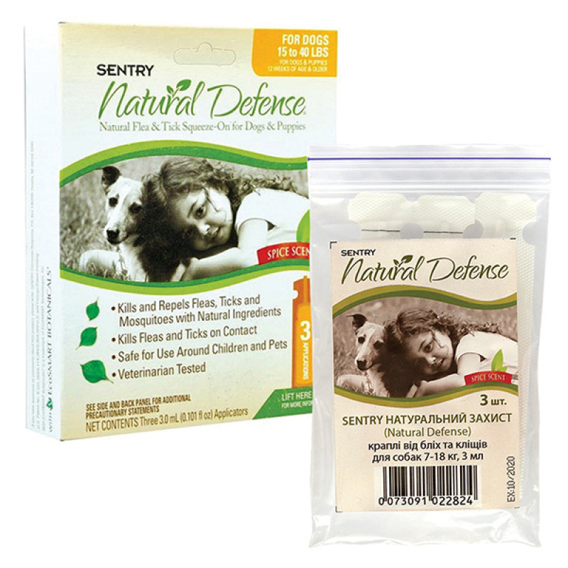 Sentry Natural Defense капли от комаров, блох и клещей для собак весом 7-18 кг, 3 шт.