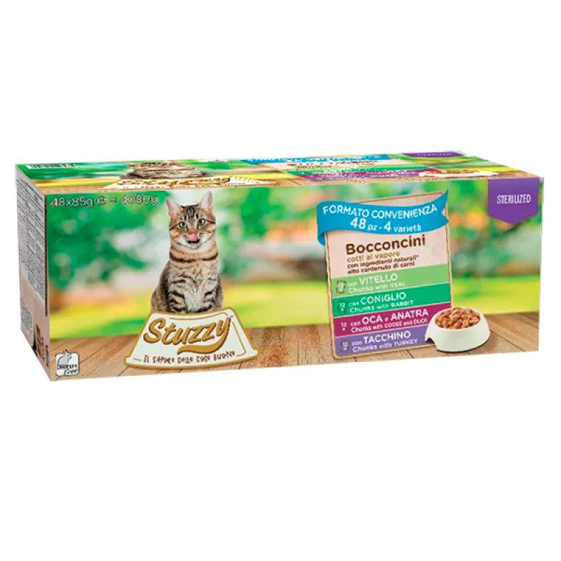 Stuzzy Cat Sterilized Multipack набор влажного корма для стерилизованных котов с телятиной, кроликом и птицей 48 шт * 85 гр