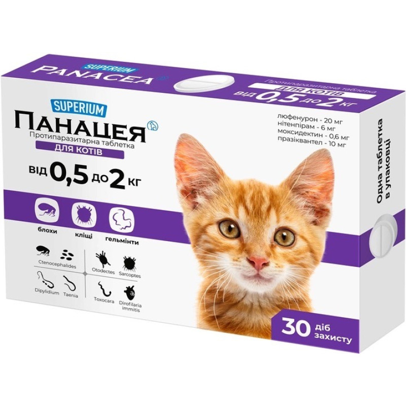 Superium Панацея таблетки від бліх та кліщів для котів вагою від 0.5 до 2 кг