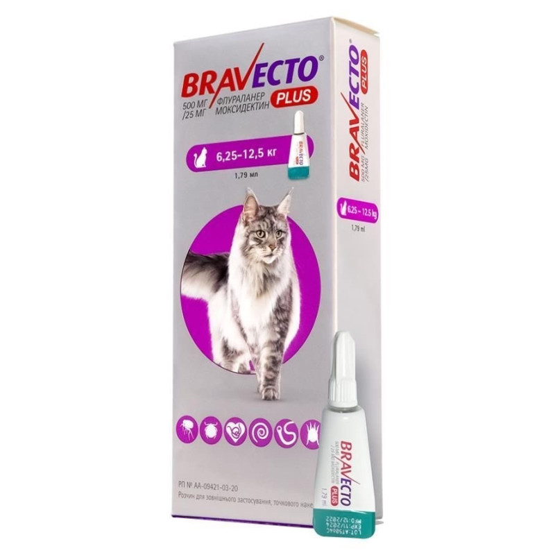 Bravecto Plus (Бравекто Плюс) капли от блох, клещей и глистов для кошек весом от 6.25 до 12.5 кг