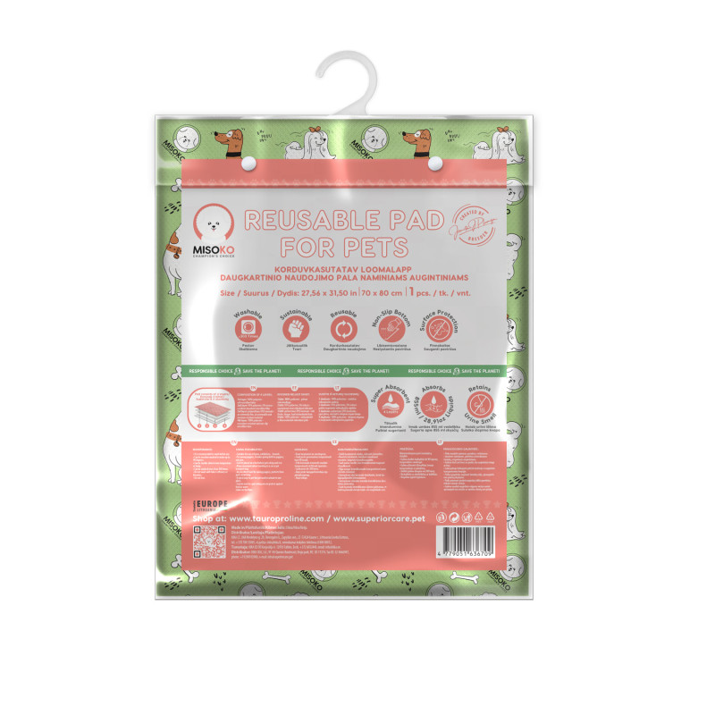 Misoko&Co пеленка многоразовая для собак салатового цвета с узором "щенки и косточки", 70x80 см, 1 шт.