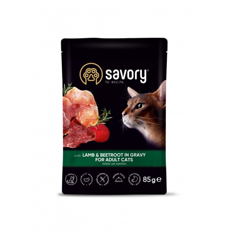 Savory Cat Pouch For Adult With Lamb And Beetroot In Gravy влажный корм с ягненком для котов, 85 гр