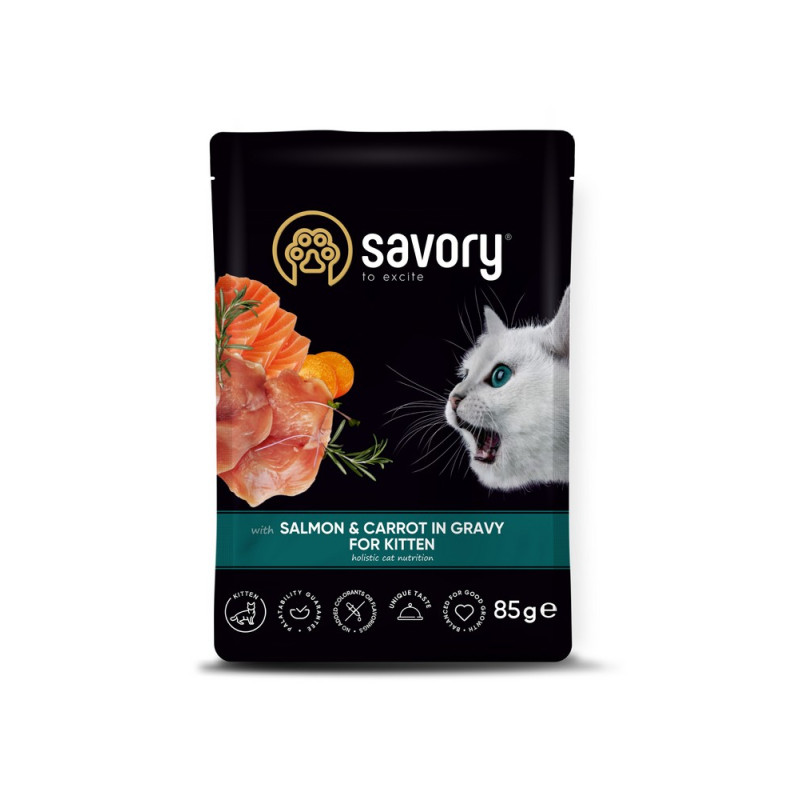 Savory Cat Pouch for Kitten with Salmon and Carrot in Gravy влажный корм с лососем в соусе для котят 85 гр