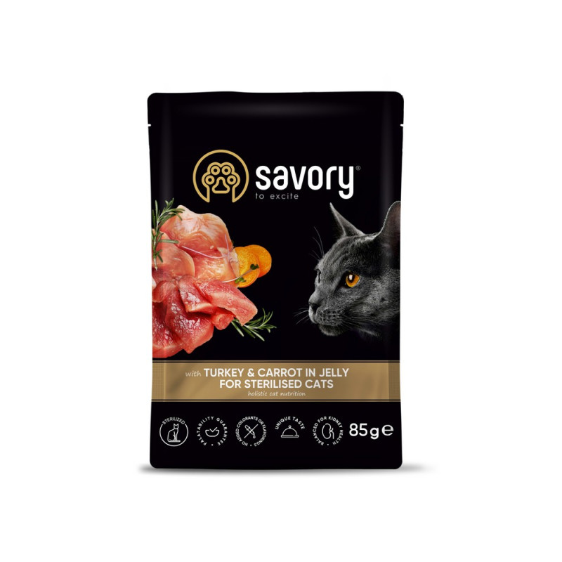 Savory Sterilised Cat Pouch with Turkey & Carrot in Jelly влажный корм с индейкой в соусе для стерилизованных котов 85 гр