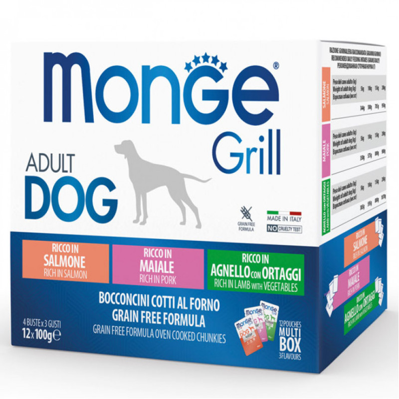 Monge Dog Wet GRILL MIX набор влажного корма с лососем, ягненком и свининой для взрослых собак 12 шт по 100 гр