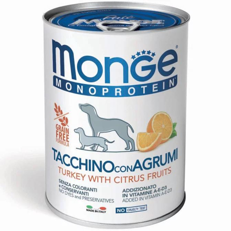 Monge Dog Wet Fruit Monoprotein Tacchino con Agrumi влажный корм монопротеиновый с индейкой и цитрусами для собак всех пород 400 гр