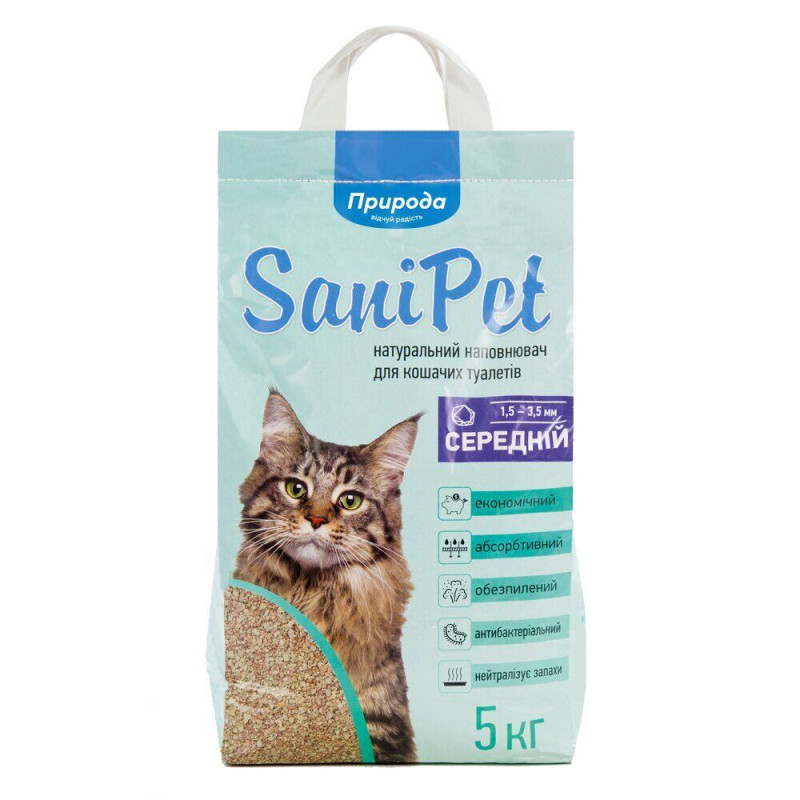 Природа Sani Pet бентонитовый наполнитель для кошачьего туалета средний без запаха 5 кг