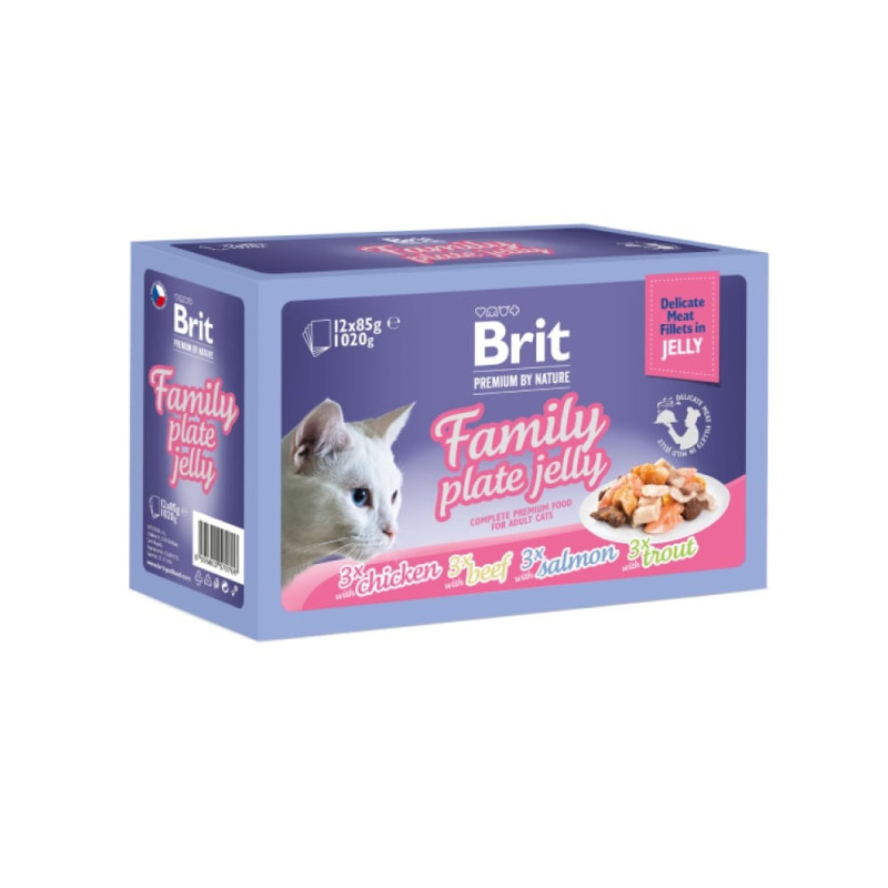 Brit Premium Delicate Fillets in Jelly Family Plate влажный корм для котов с курицей, говядиной, лососем и форелью, 12 шт х 85 гр