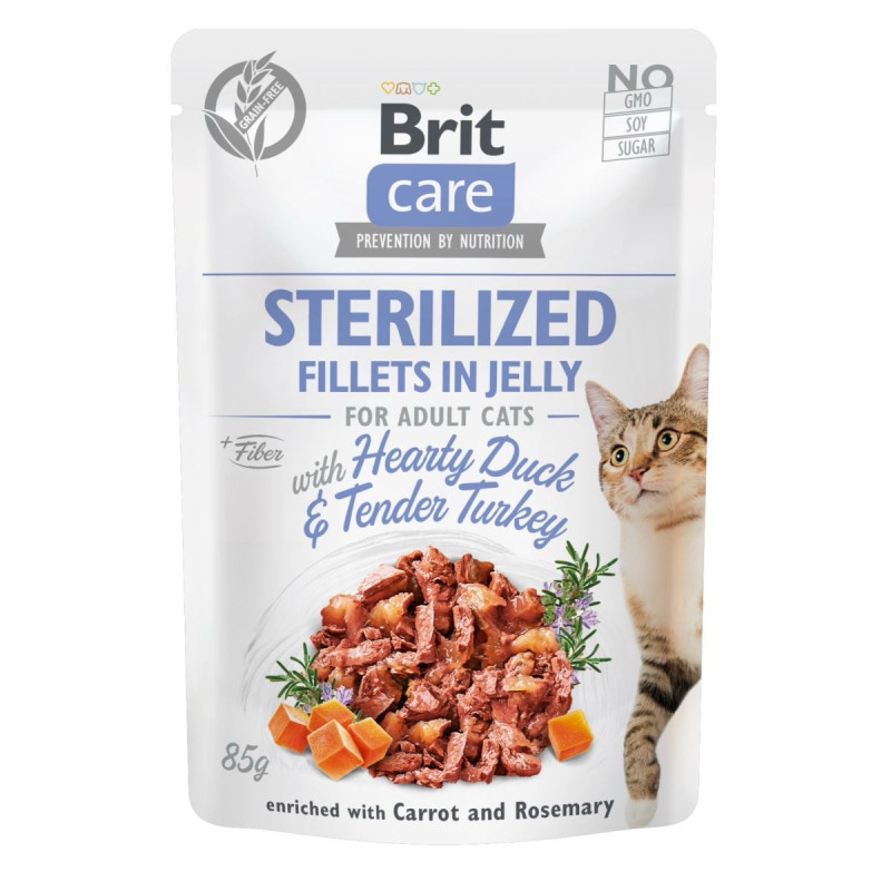 Brit Care Cat Fillets In Jelly Duck and Turkey влажный корм с уткой и индейкой для стерилизованных котов, 85 гр