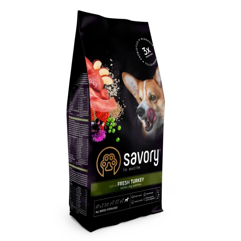 Savory All Breed Sterilised Rich In Fresh Turkey сухой корм с индейкой для стерилизованных собак, 3 кг