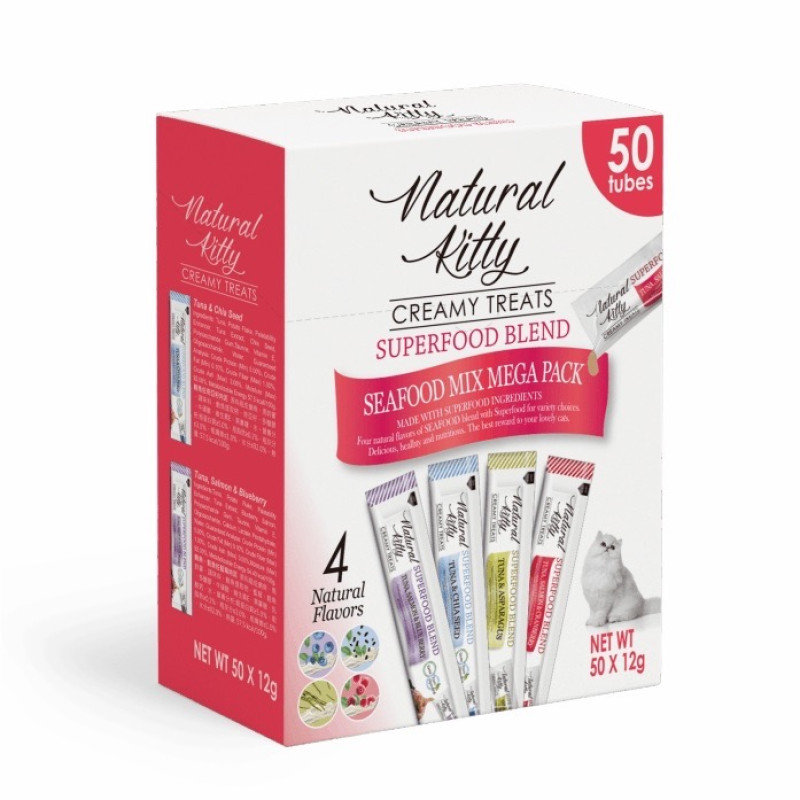 Natural Kitty Creamy Treat Fish Mega Pack жидкое лакомство для котов, ассорти вкусов, 50 шт х 12 гр