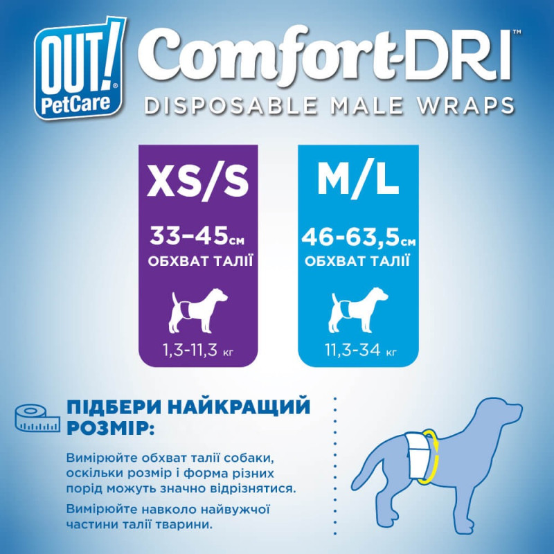 Out! Comfort Dri Disposable Male Wraps одноразовые подгузники для кобелей, 33 - 45 см, 12 шт - фото 5