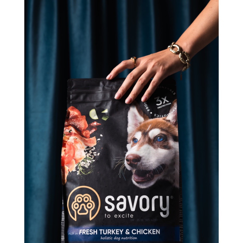 Savory Junior Large Breed Fresh Turkey & Chicken сухой корм с индейкой и курицей для щенков крупных пород, 12 кг - фото 6