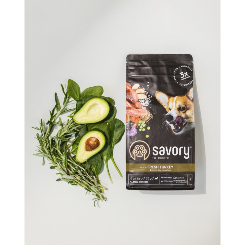 Savory All Breed Sterilised Rich In Fresh Turkey сухой корм с индейкой для стерилизованных собак, 12 кг - фото 5