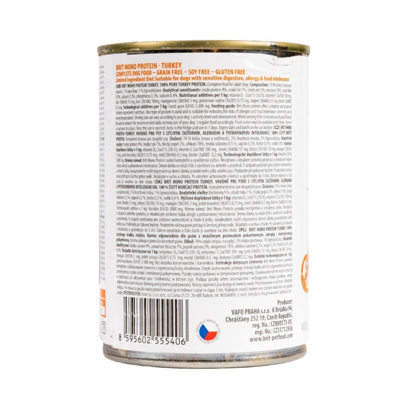 Brit Mono Protein Dog Turkey влажный корм с индейкой для собак, 400 гр - фото 3