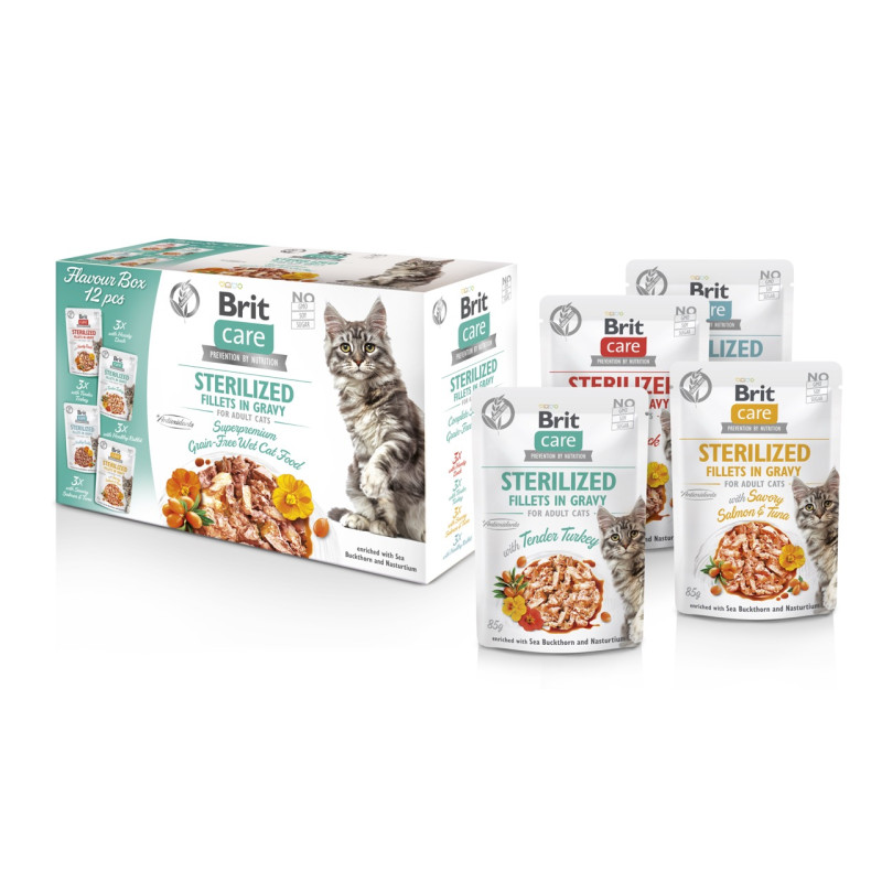 Brit Care Cat Fillets In Gravy Sterilized Box набор влажного корма для стерилизованных котов, 12 шт х 85 гр - фото 2