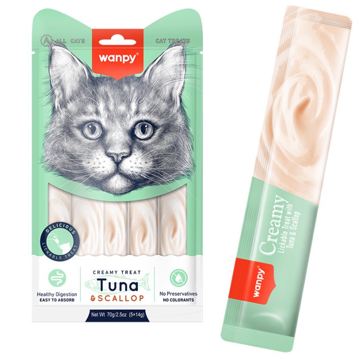 Wanpy Creamy Lickable Treats Tuna & Scallop рідкі ласощі для котів з тунцем та гребінцем, 5 шт х 14 гр