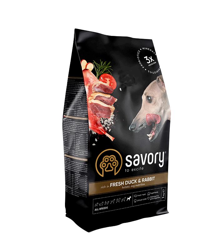 Savory Adult All Breeds rich in Fresh Duck & Rabbit сухий корм зі свіжою качкою та кроликом для дорослих собак усіх порід 1 кг