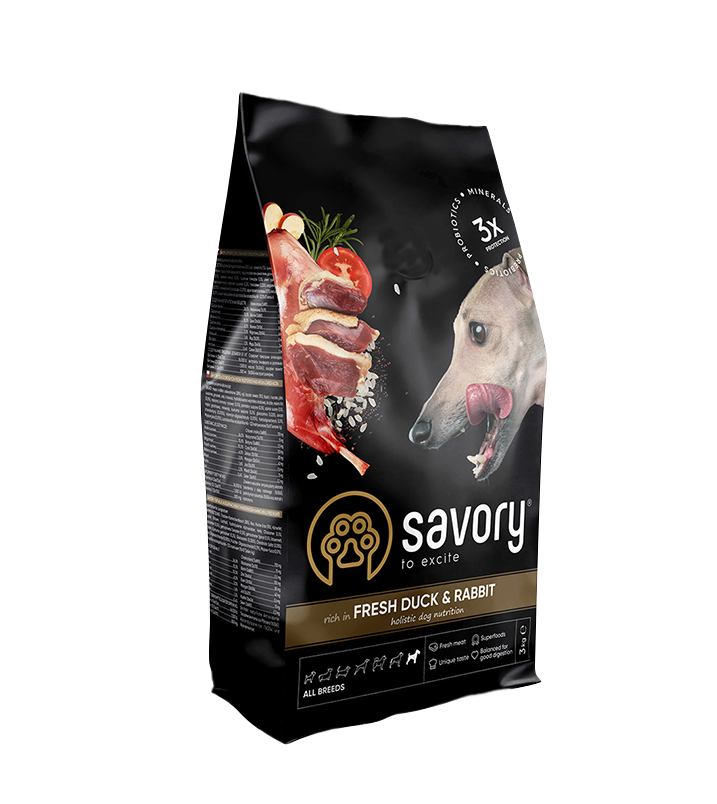Savory Adult All Breeds rich in Fresh Duck & Rabbit сухий корм зі свіжою качкою та кроликом для дорослих собак усіх порід 3 кг