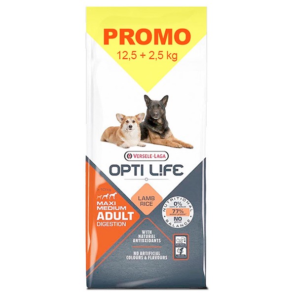 Opti Life Adult Digestion Medium & Max сухий корм з ягням для собак середніх та великих порід, 12.5 + 2.5 кг